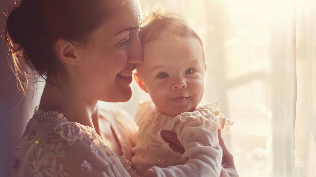 Nouveau-né endormi dans les bras de sa mère dans un intérieur calme et lumineux