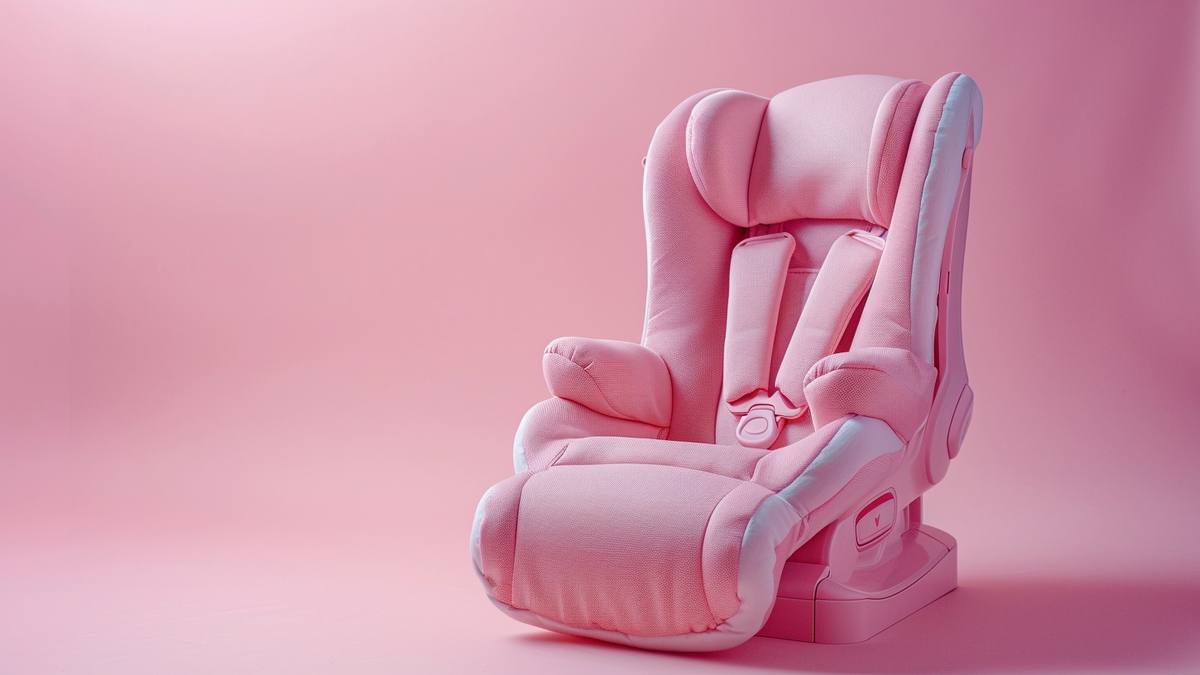 Siège auto bébé installé dans une voiture, vu de côté avec harnais de sécurité