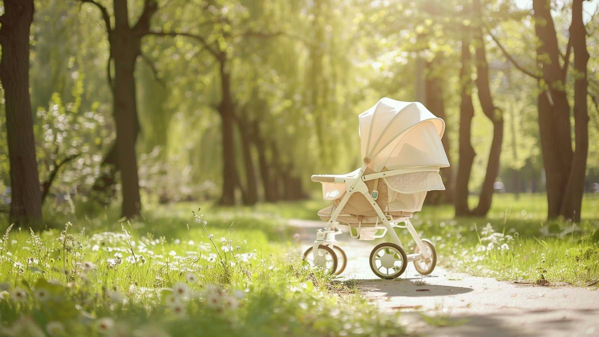 Parent courant avec une poussette jogging trois roues dans un parc verdoyant