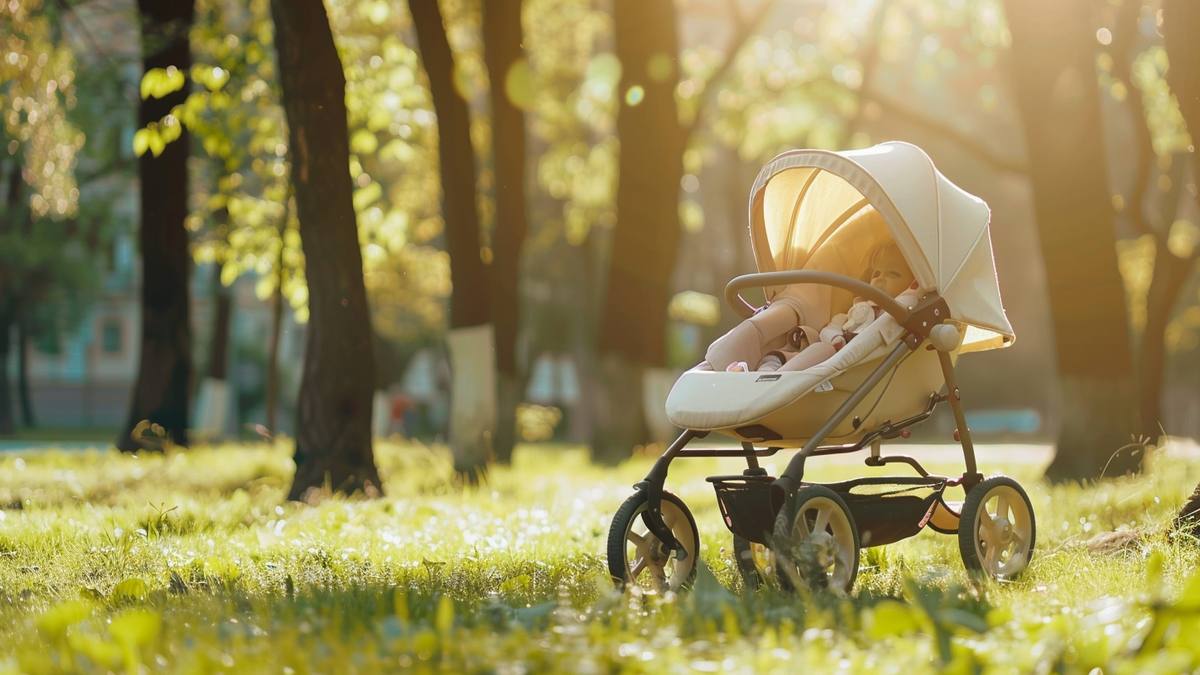 Poussette moderne pliée et dépliée dans un environnement urbain avec jeune parent