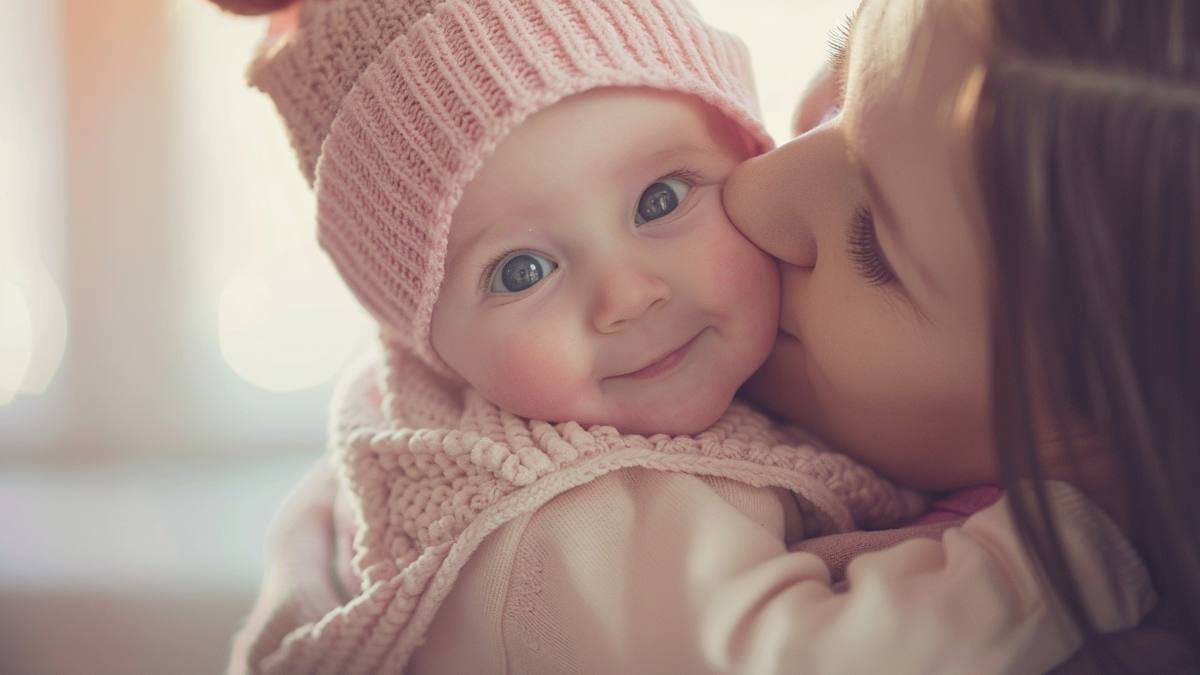 Articles de puériculture et vêtements bébé disposés sur une table avec étiquettes de prix réduits