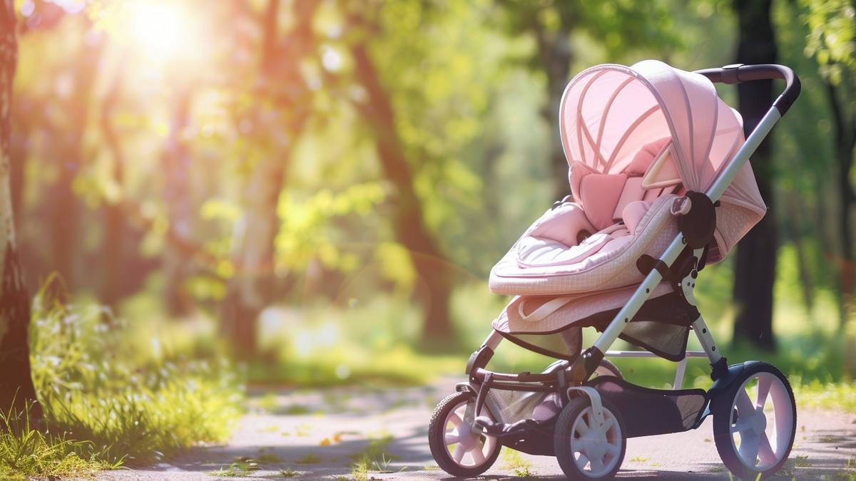 Remorque vélo pour enfant attachée à un vélo sur une piste cyclable en pleine nature